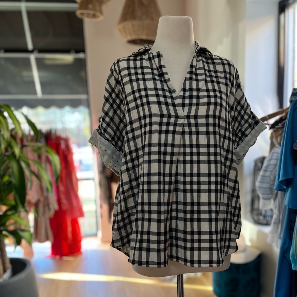 Madewell Checkered Collared Top, Blk & Cream, Medium, EUC